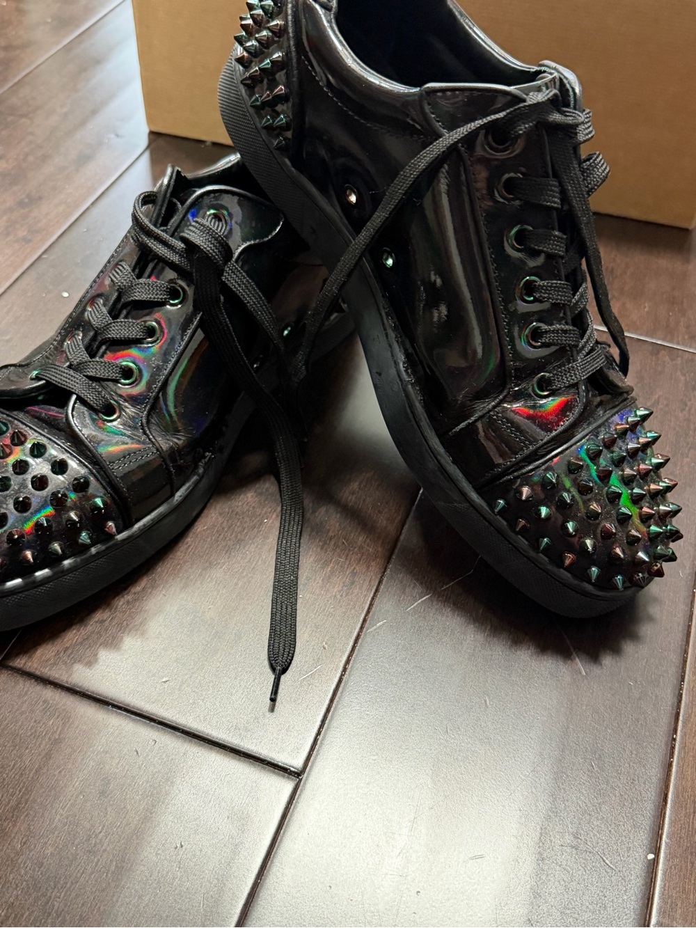 Black Iridescent Spike-Stud Lace-Up Men’s Sneakers